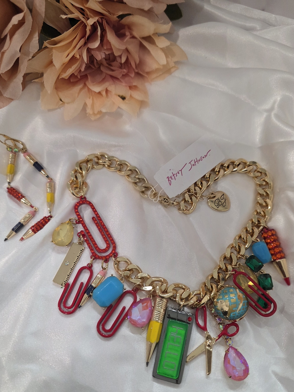 Betsey Johnson School Charm Statement Necklace with Matching Earrings